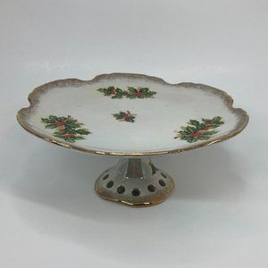 Vintage Lusterware Holiday Christmas Holly & Berry Pedestal Candy Cookie Stand